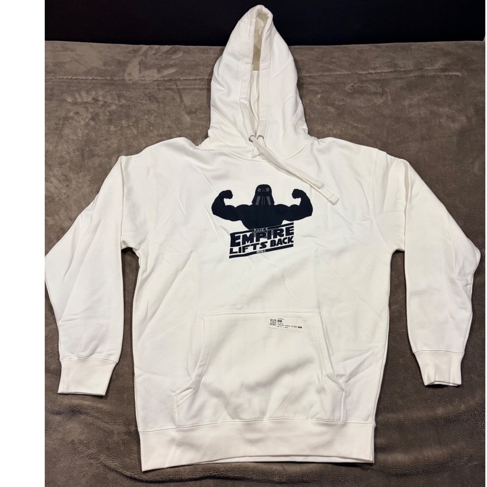 BSL The Empire Lifts Back Graphic Hoodie Mens Large White Star Wars Parody Gym